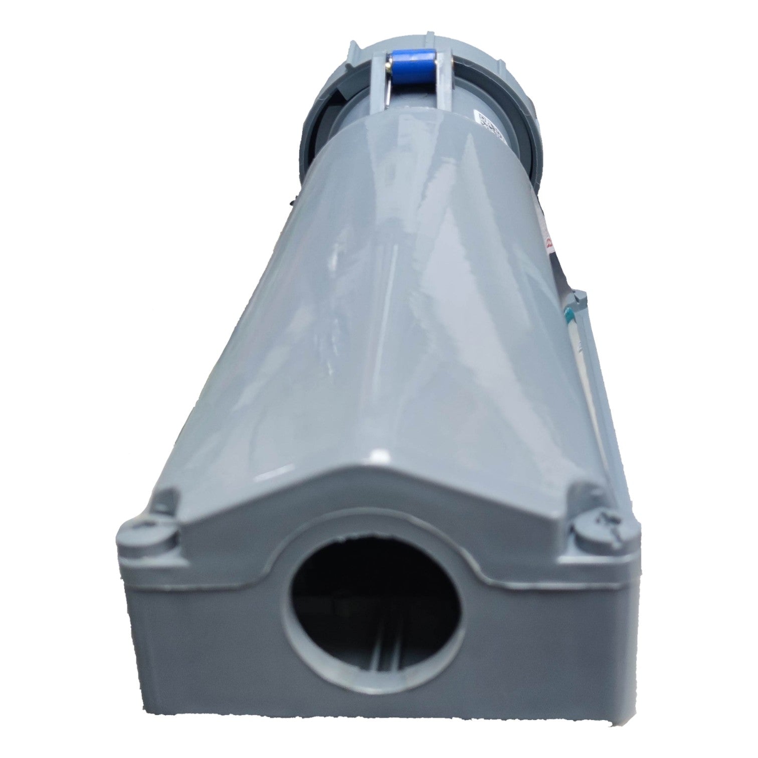 Gray plastic component with a cylindrical opening on a white background