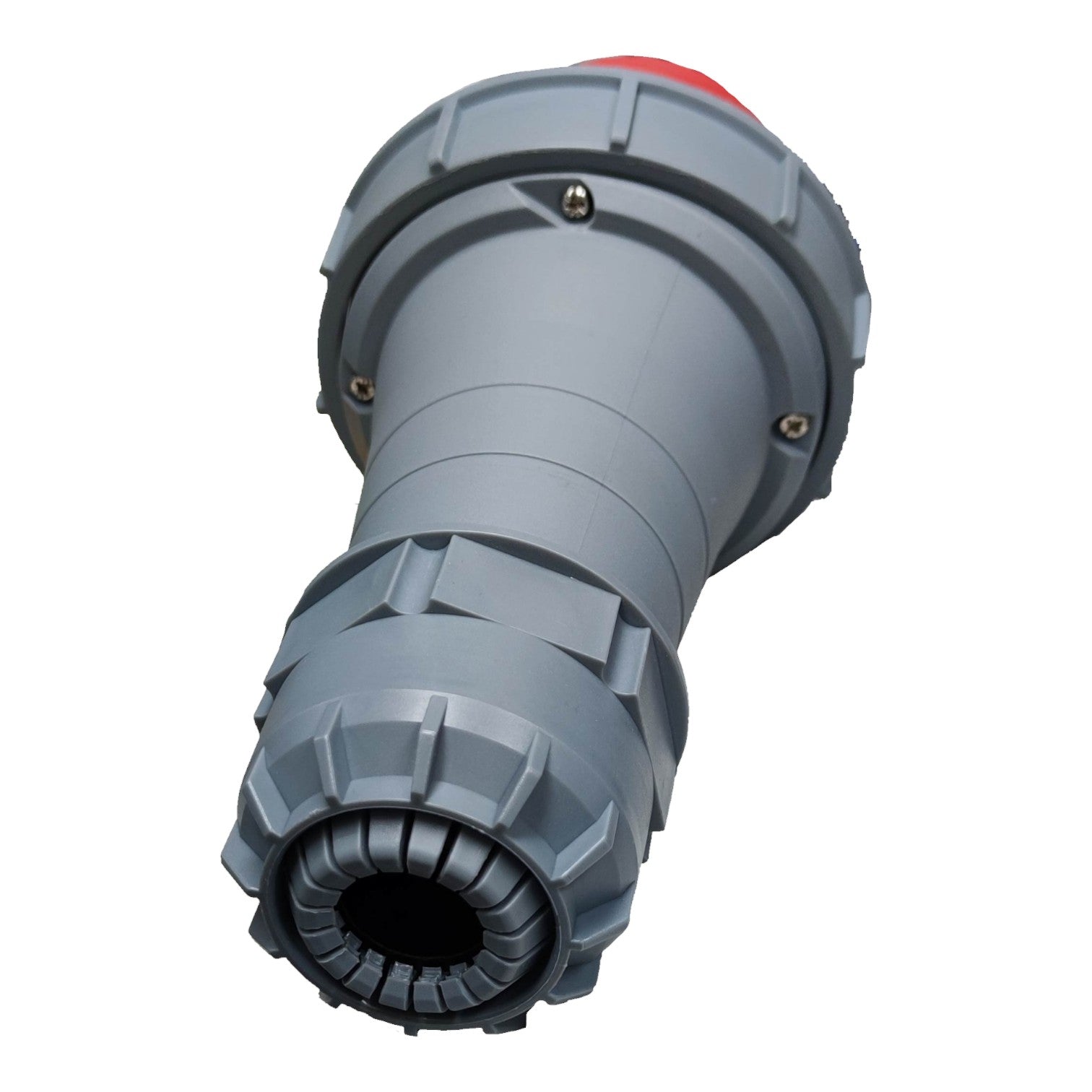 Gray cylindrical object with a red top on a white background