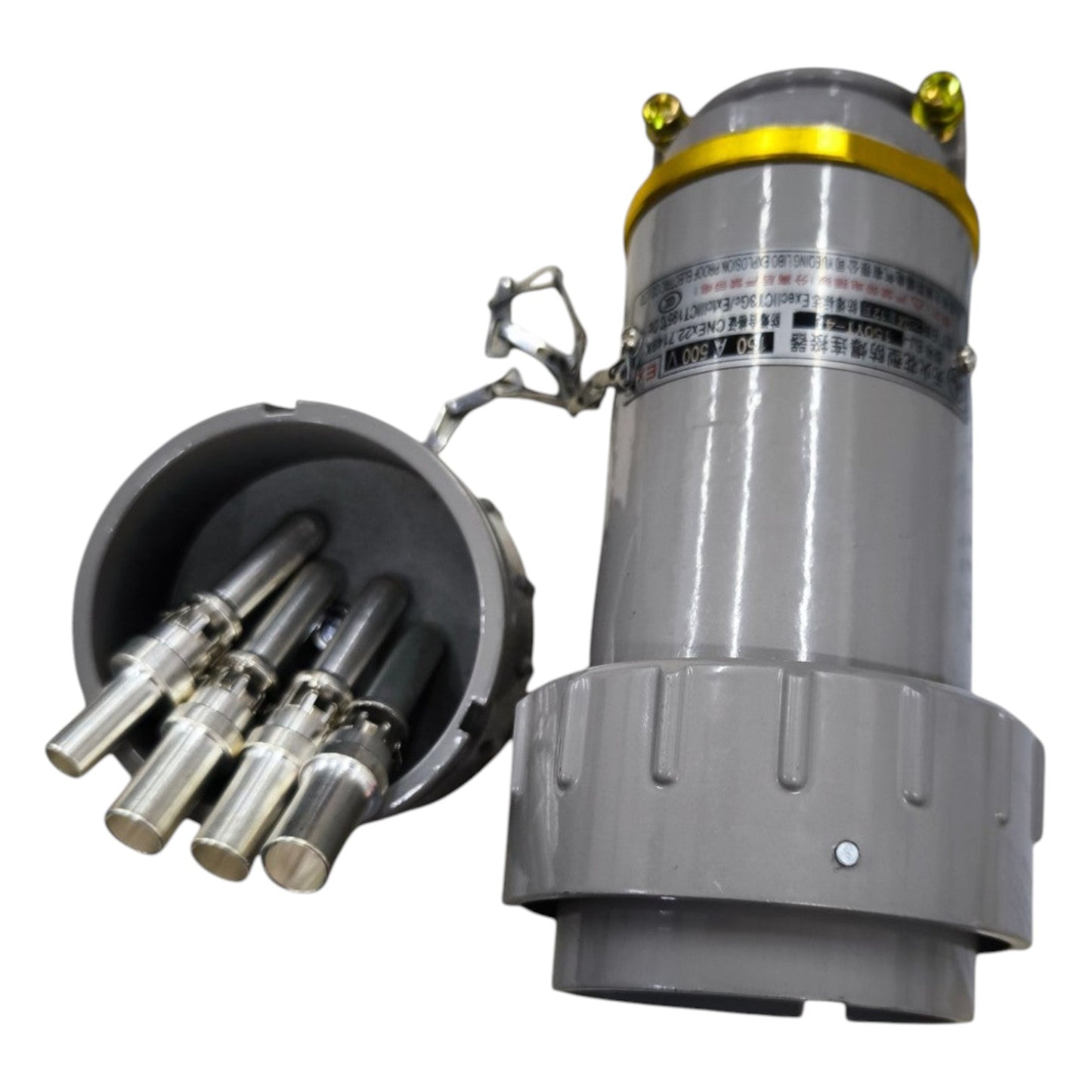 Mechanical component with cylindrical body and metallic parts on a white background
