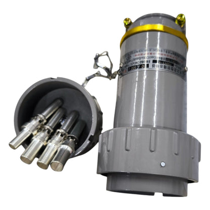 Mechanical component with cylindrical body and metallic parts on a white background