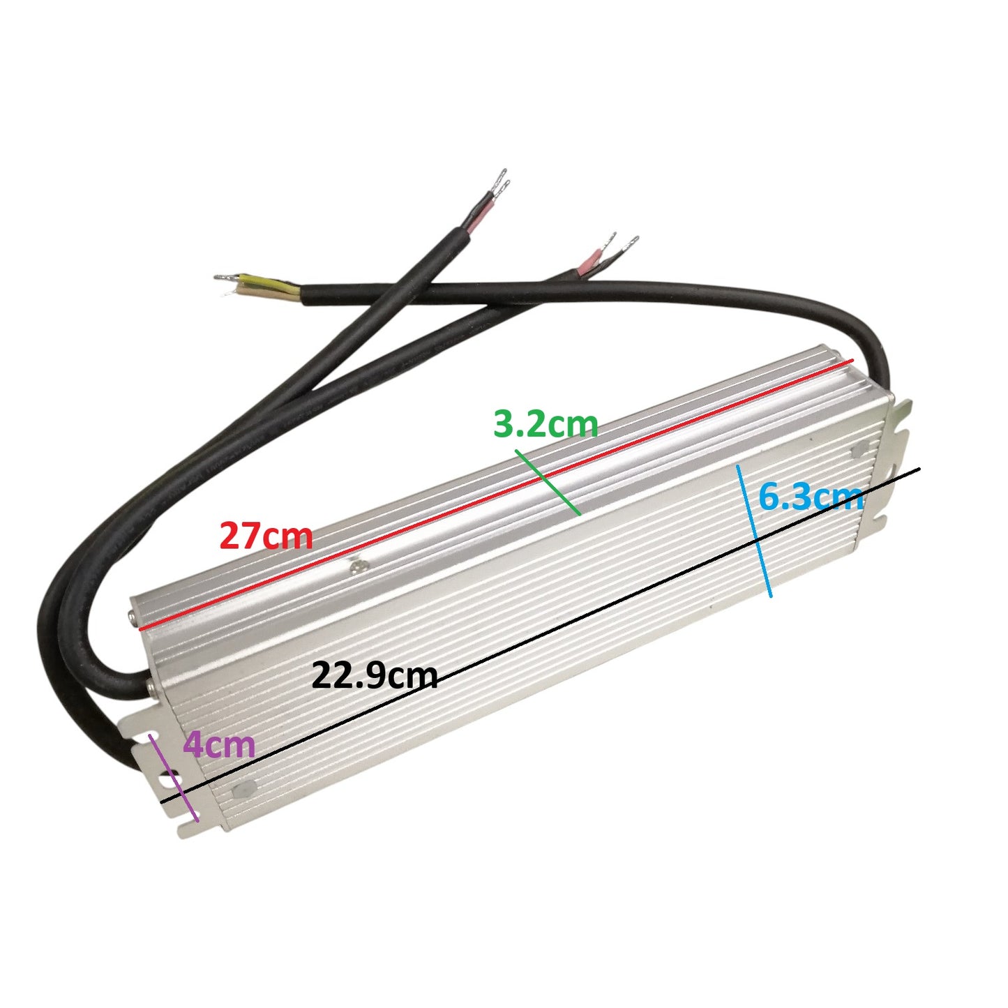 Rectangular electronic component with wires and measurements on a white background