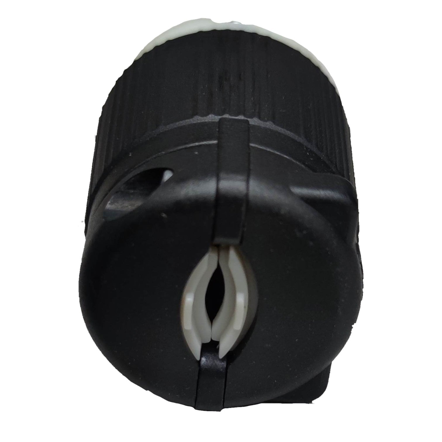 Black and white cylindrical object with a central opening on a white background Grippes 15A 125V Twist Lock Plug  Twistlock Plug with Ground 2P+E( 3Pins) BL515P Nema L-5 Twist to Lock Electx Electrical Supply