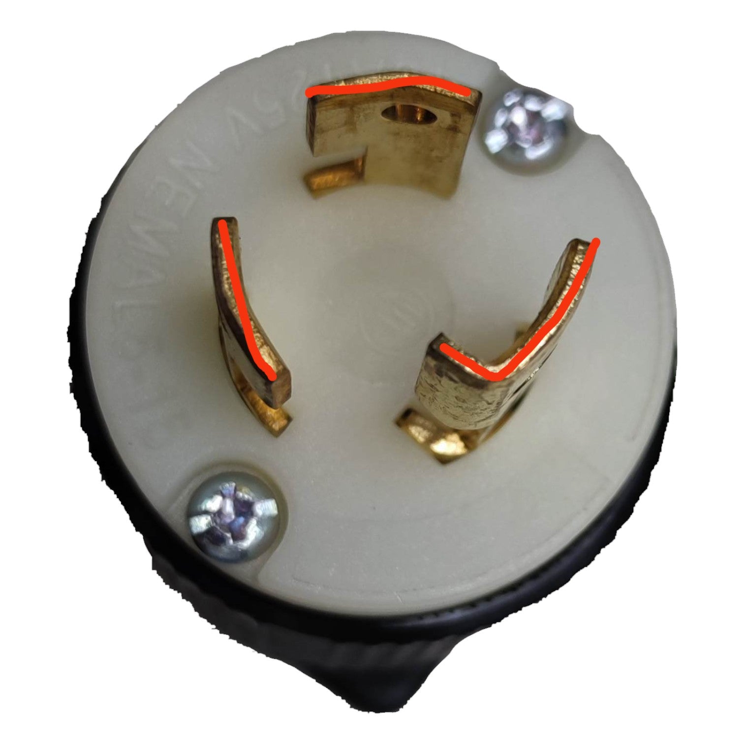 Close-up of a round electrical plug with metallic contacts on a white  Grippes 15A 125V Twist Lock Plug  Twistlock Plug with Ground 2P+E( 3Pins) BL515P Nema L-5 Twist to Lock Electx Electrical Supplybackground