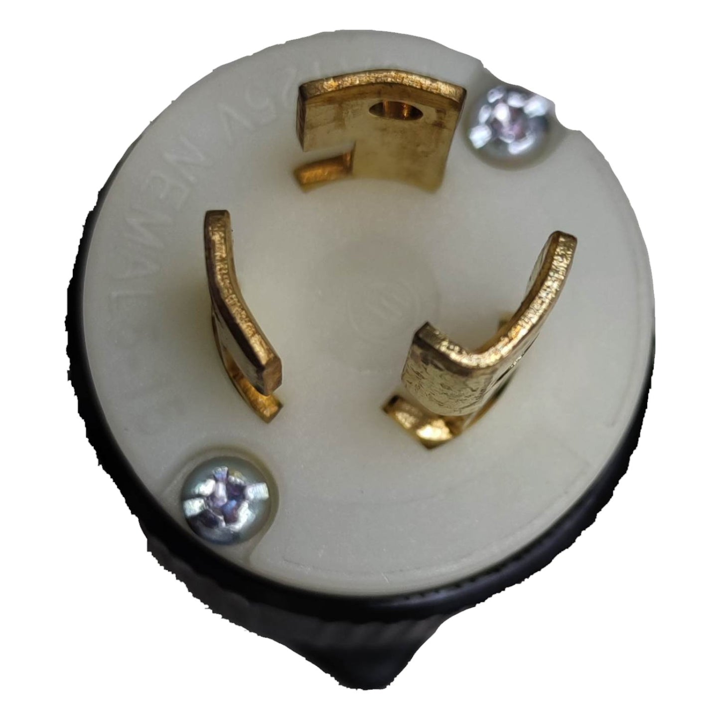 Close-up of a round electrical plug with gold contacts on a white background Grippes 15A 125V Twist Lock Plug  Twistlock Plug with Ground 2P+E( 3Pins) BL515P Nema L-5 Twist to Lock Electx Electrical Supply