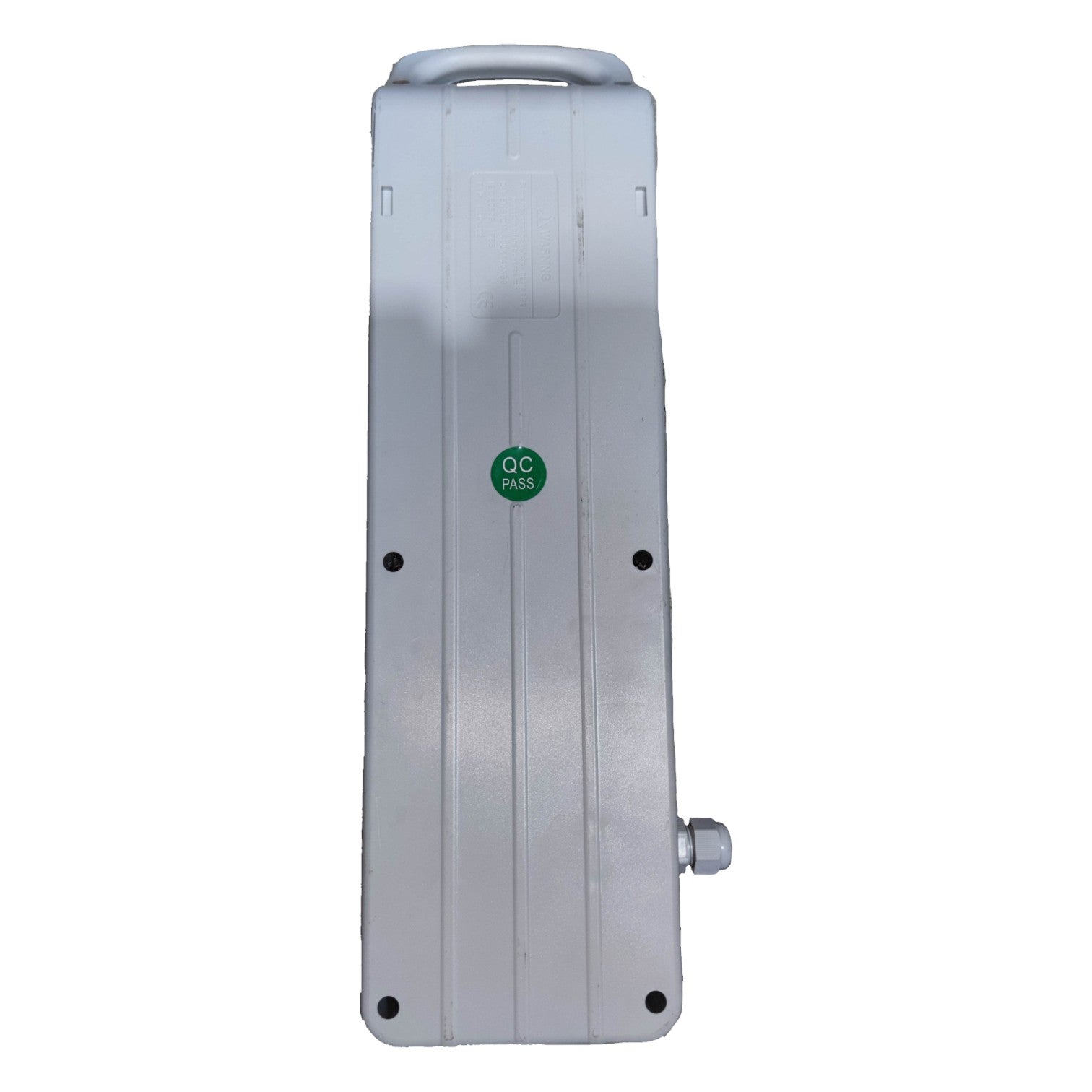 Metallic rectangular device with a green logo on a white background