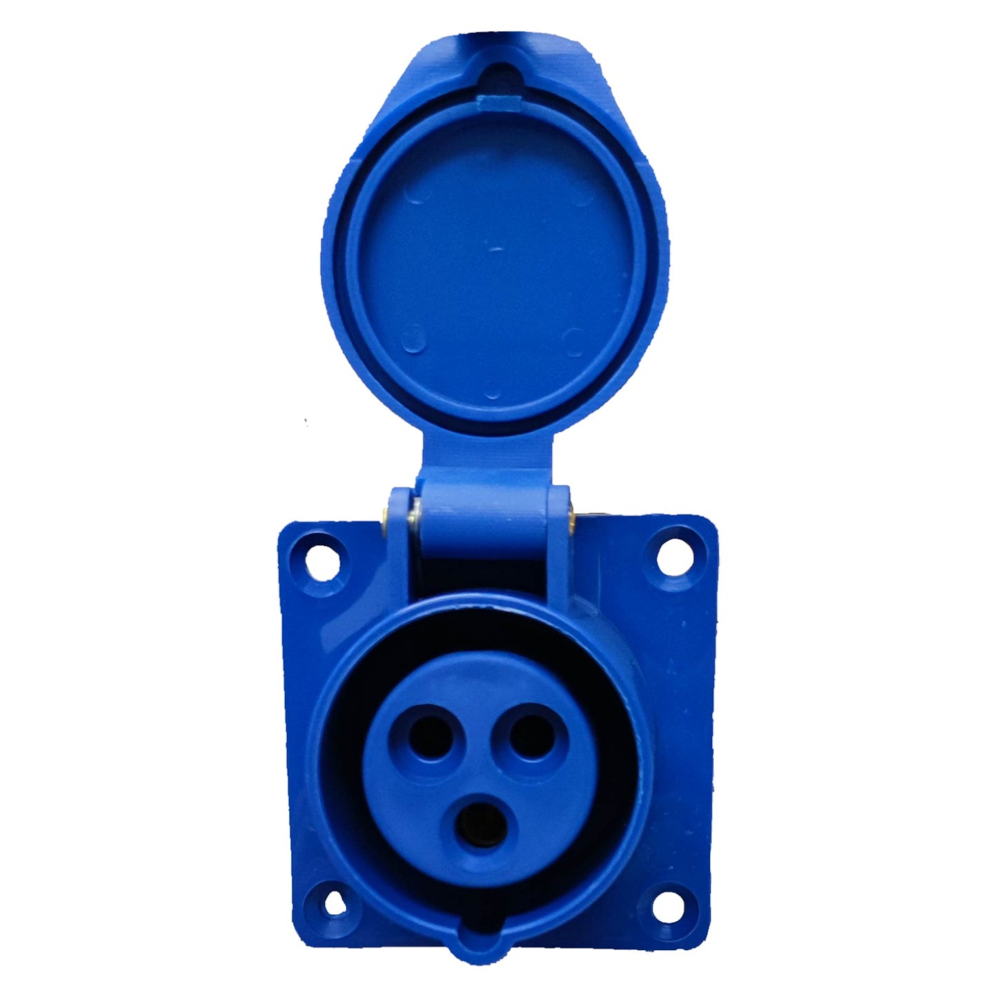 Blue electrical connector on a white background Grippes 16A 2P+E Industrial Outlet Chassis 6h 250V ( 3 Pins) IP44  IEC309-2 # 313 Electx Electrical Supply