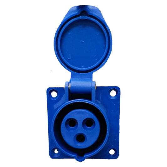 Blue electrical connector on a white background Grippes 16A 2P+E Industrial Outlet Chassis 6h 250V ( 3 Pins) IP44  IEC309-2 # 313 Electx Electrical Supply