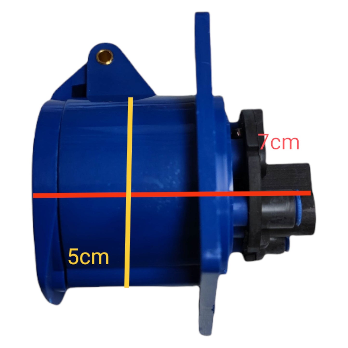 Blue motor with measurements marked on a white background Grippes 16A 2P+E Industrial Outlet Chassis 6h 250V ( 3 Pins) IP44  IEC309-2 # 313 Electx Electrical Supply