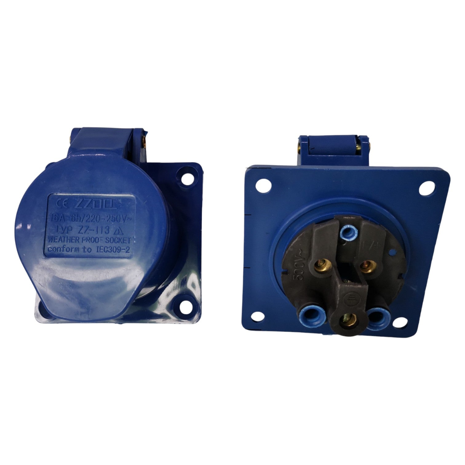 Two blue electrical connectors on a white background Grippes 16A 2P+E Industrial Outlet Chassis 6h 250V ( 3 Pins) IP44  IEC309-2 # 313 Electx Electrical Supply