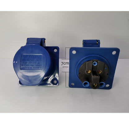 Two blue electrical connectors on a white background with a measurement  Grippes 16A 2P+E Industrial Outlet Chassis 6h 250V ( 3 Pins) IP44  IEC309-2 # 313 Electx Electrical Supplycard.