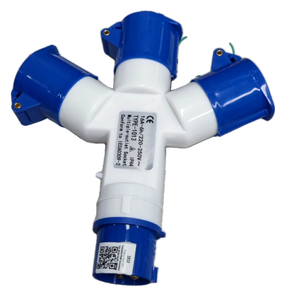 Grippes 16A industrial connector splitter with four blue and white sockets for electrical circuitry 2P+ E
