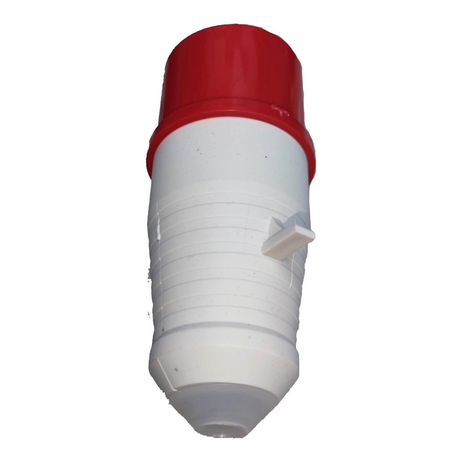 White cylindrical container with a red top on a white background