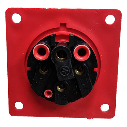 Red electrical socket with black interior components on a white background