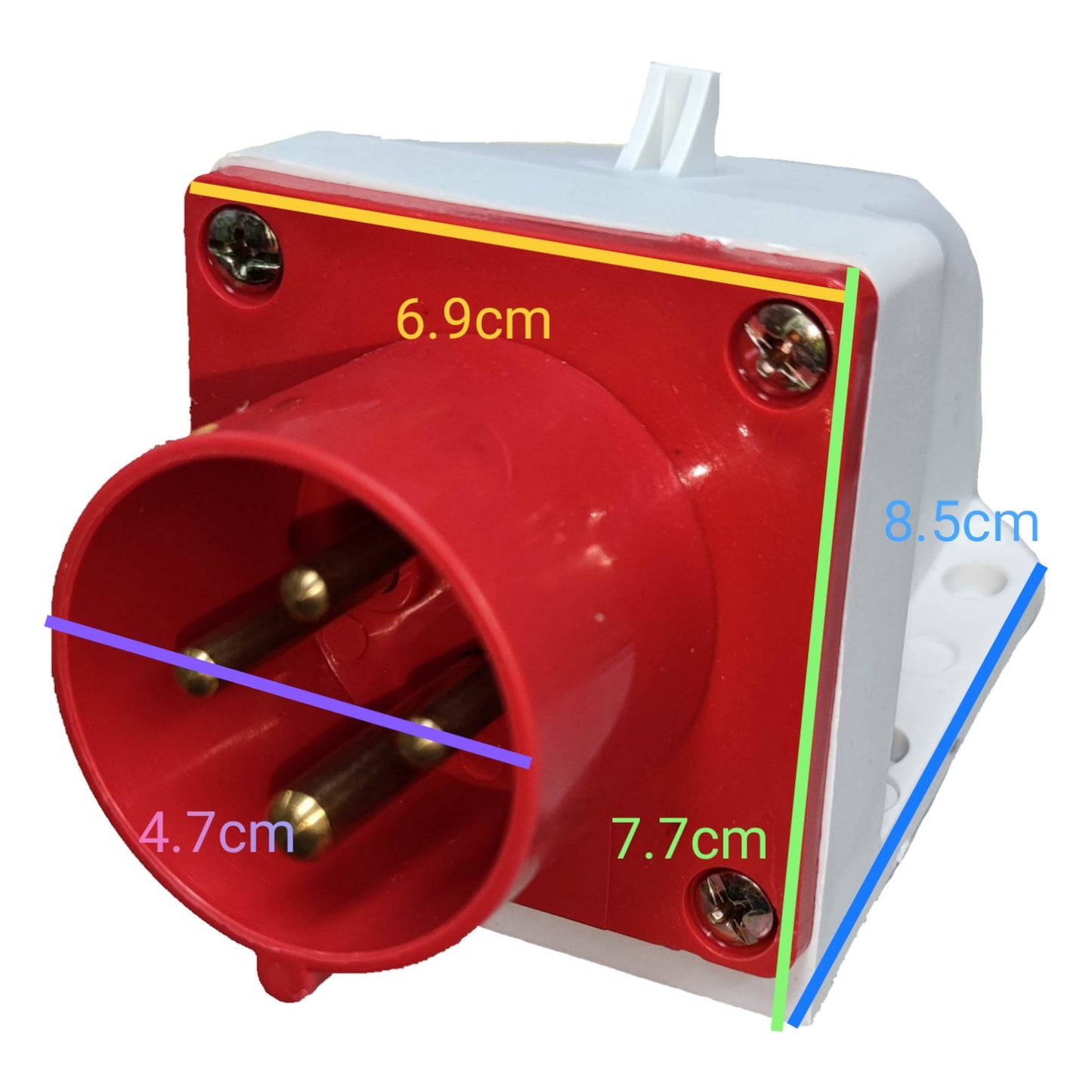 Red electrical plug with measurements on a white background