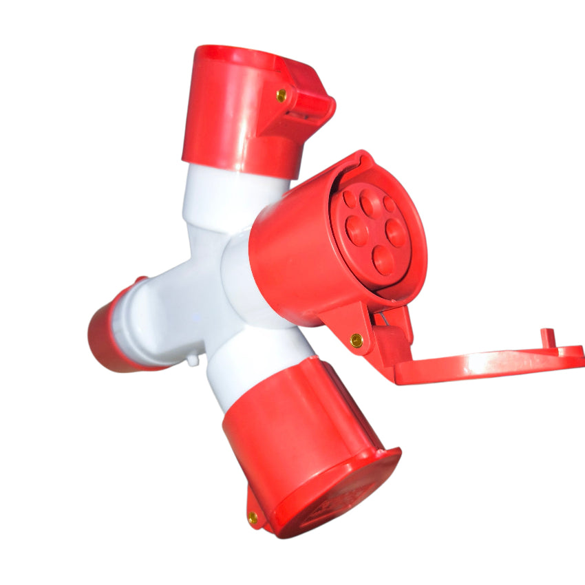 Red and white valve with multiple outlets on a white background Grippes 16A 3P+E Industrial Splitter 1xMale 3xFemale (4 Pins) IP44 220V IEC309-2 # 1014 Electx Electrical Supply