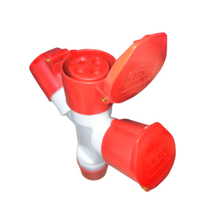 Red and white plastic device with multiple nozzles on a white background Grippes 16A 3P+E Industrial Splitter 1xMale 3xFemale (4 Pins) IP44 220V IEC309-2 # 1014 Electx Electrical Supply