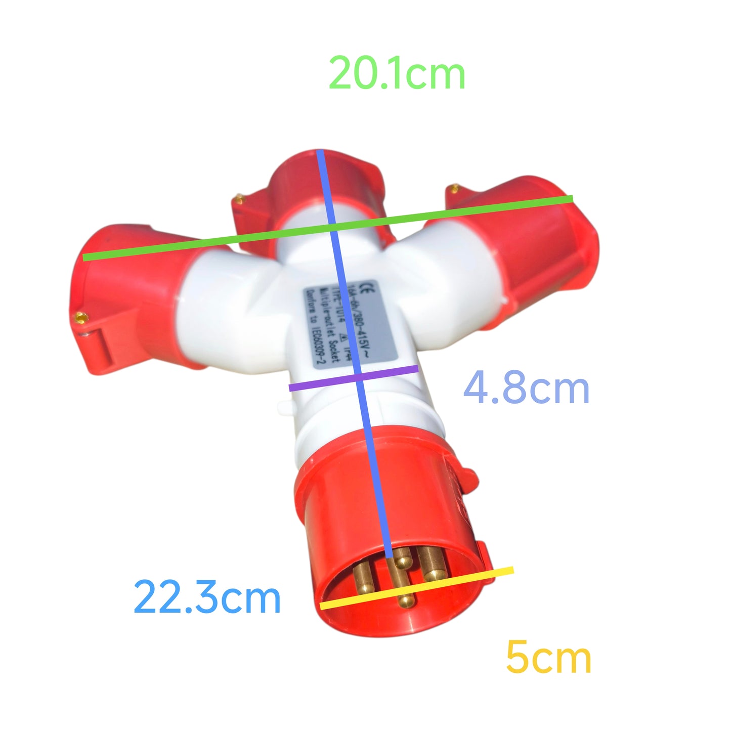 Red and white cylindrical device with measurements on a white background Grippes 16A 3P+E Industrial Splitter 1xMale 3xFemale (4 Pins) IP44 220V IEC309-2 # 1014 Electx Electrical Supply
