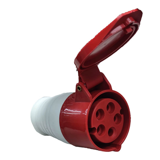 Red and white electrical plug on a white background