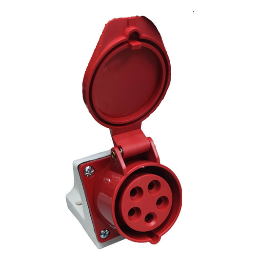 Red electrical socket on a white background