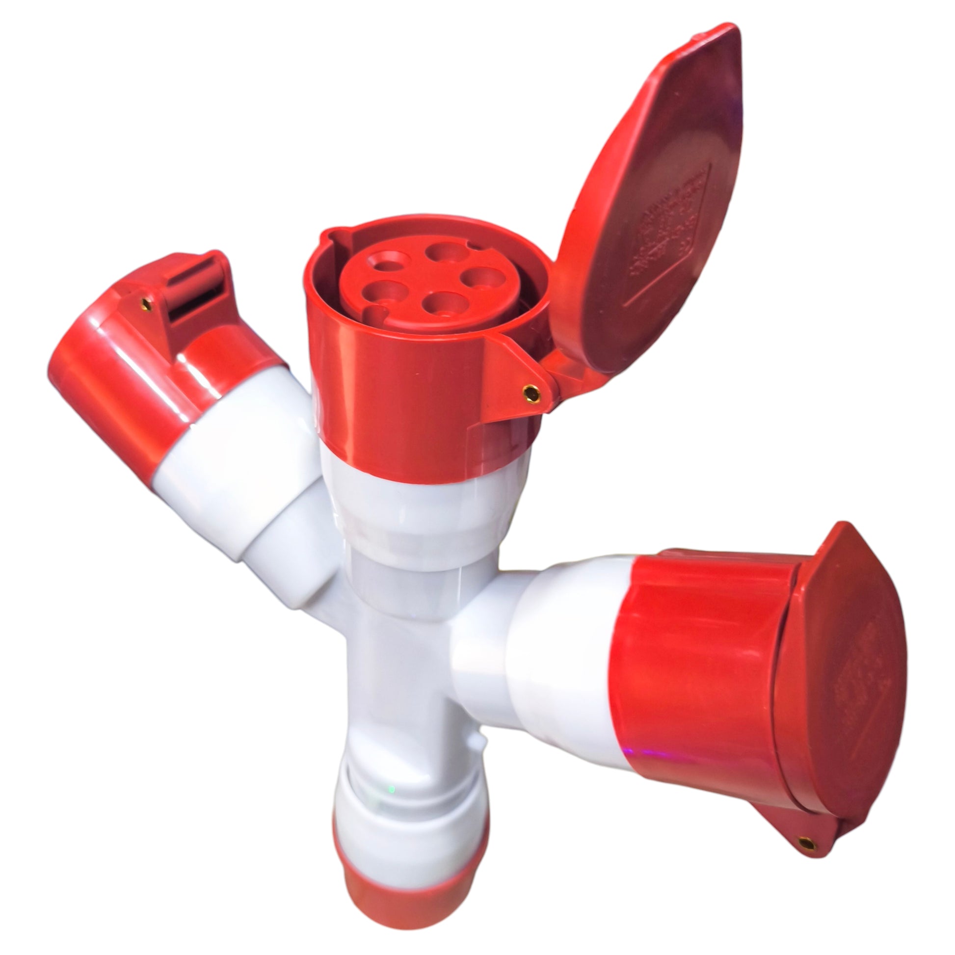 Red and white plastic valve on a white background
