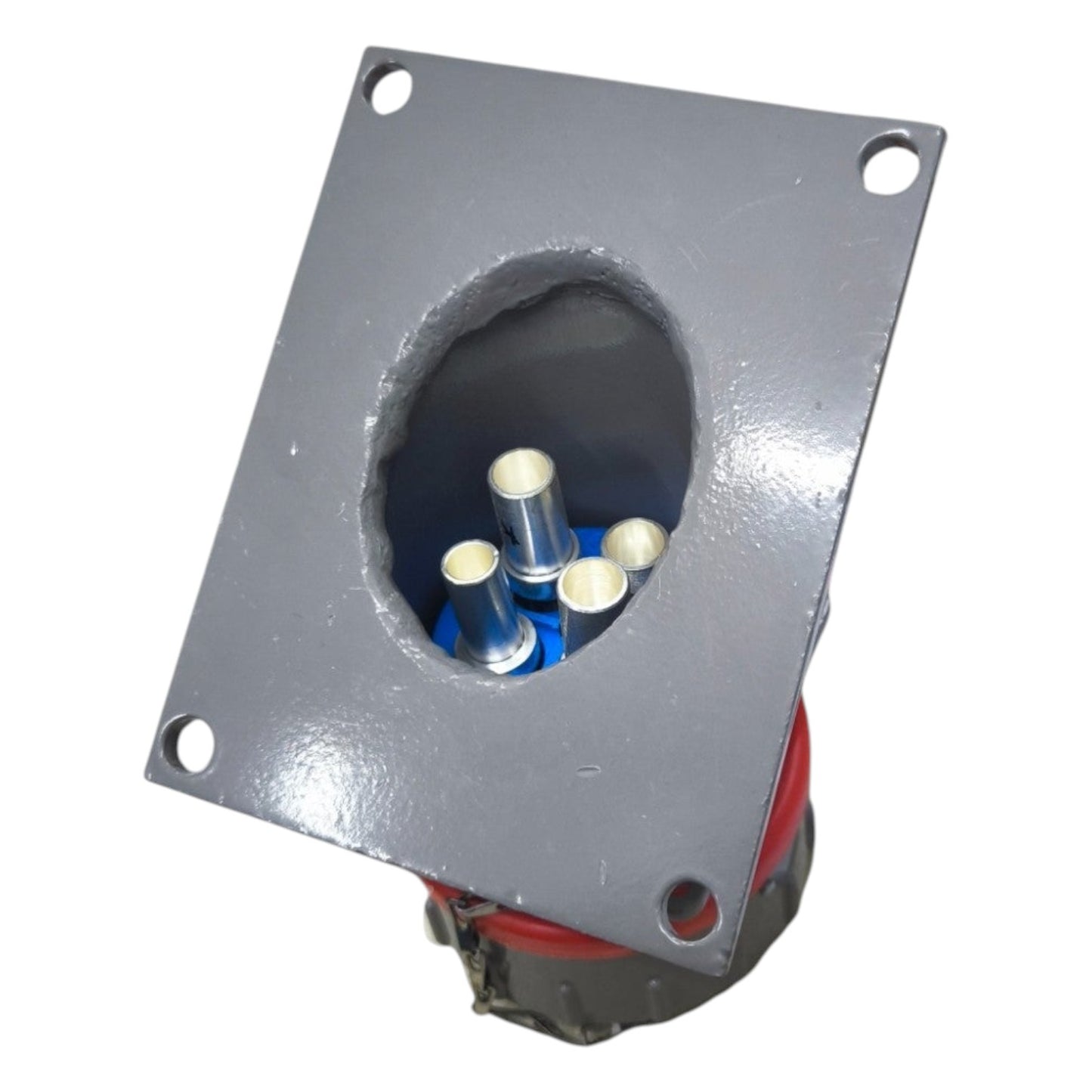 Metal electrical connector with screws on a white background