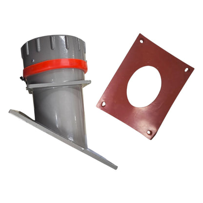 Gray vent with red band and square metal plate on a white background