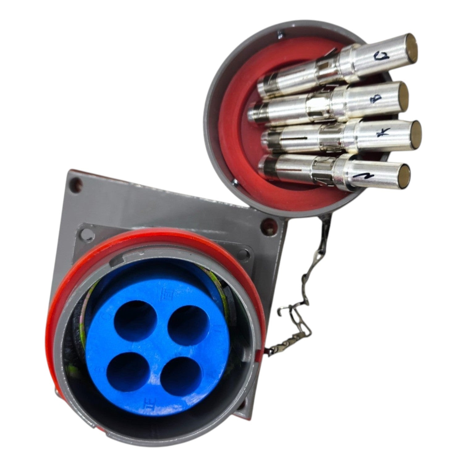 Electrical connector with blue socket and red housing, accompanied by metallic connectors.