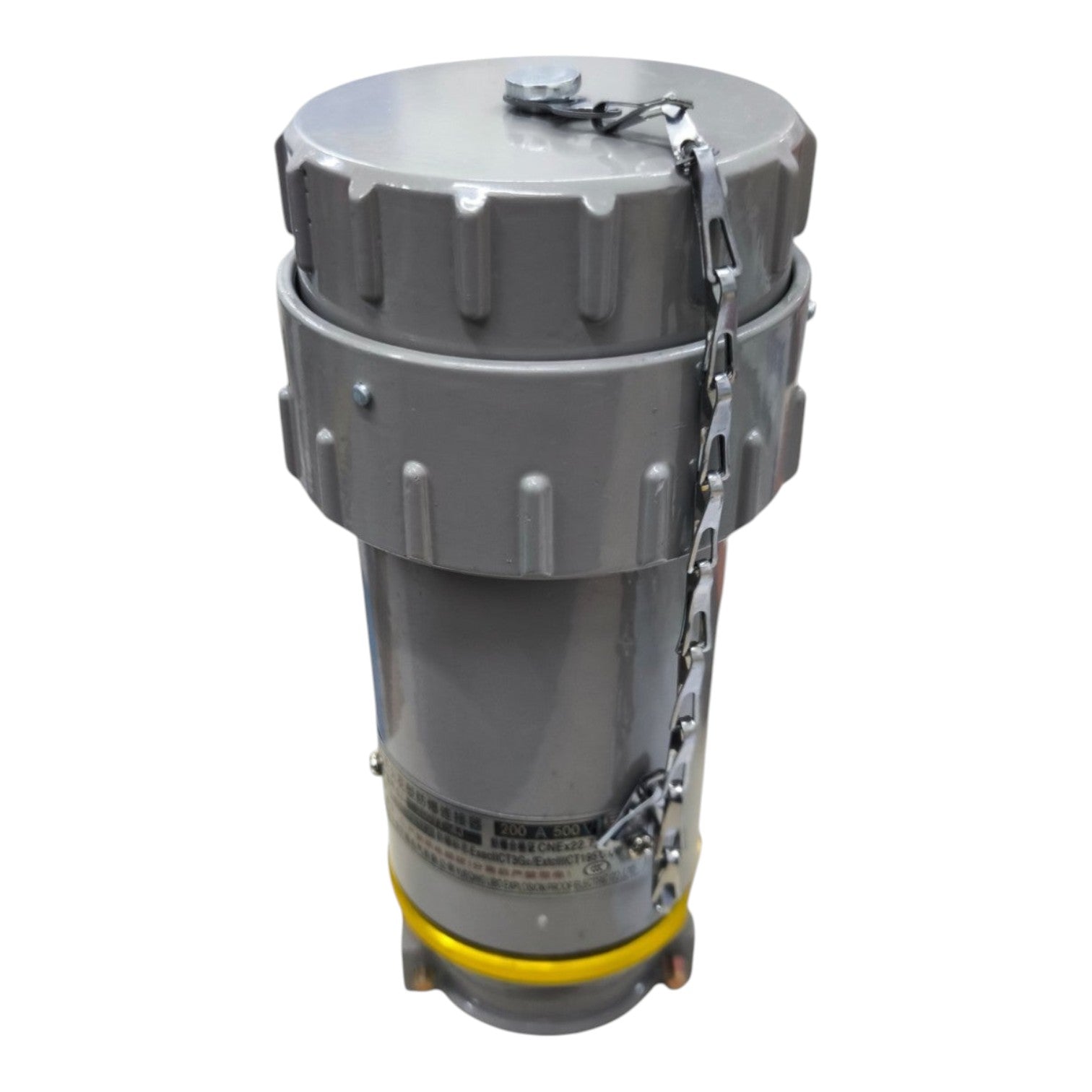 Gray cylindrical mechanical device with a yellow base on a white background