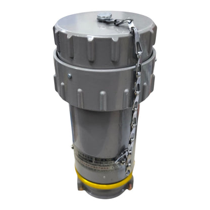 Gray cylindrical mechanical device with a yellow base on a white background