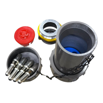 Mechanical components including a gray cylindrical part, red cap, yellow ring, and blue insert on a white background.