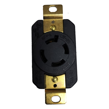Black electrical plug with gold connectors on a white background Grippes 20A Twist Lock Outlet 3P+E (4P) 250V Grippes (NEMA L15) WJ6421B, Twistlock Electx Electrical Supply
