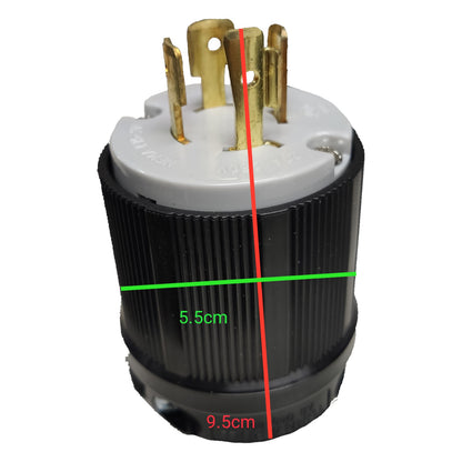 Electrical plug with measurements on a white background Grippes 20A Twist Lock Outlet with Plate and Plug Type 3P+E (4P) 250V (NEMA L15) WJ6421B and 9221 and BL1520P