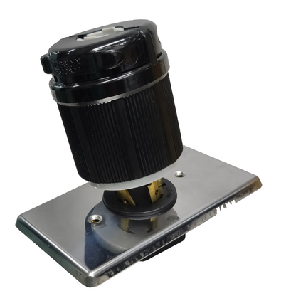 Black and chrome electrical outlet on a white background Grippes 20A Twist Lock Outlet with Plate and Plug Type 3P+E (4P) 250V (NEMA L15) WJ6421B and 9221 and BL1520P Electx Electrical Supply 