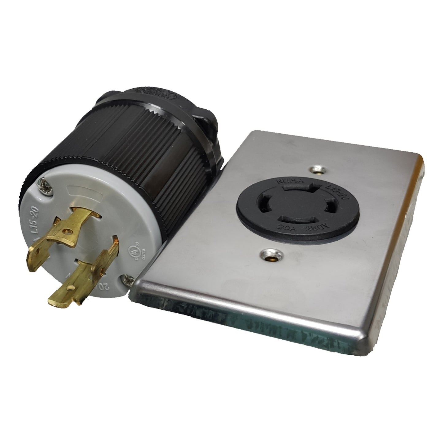 Grippes 20A Twist Lock Outlet with Plate and Plug Type 3P+E (4P) 250V (NEMA L15) WJ6421B and 9221 and BL1520P