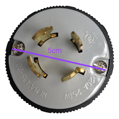 Electrical plug with measurement line indicating 5cm on a white background Grippes 20A Twist Lock Outlet with Plate and Plug Type 3P+E (4P) 250V (NEMA L15) WJ6421B and 9221 and BL1520P