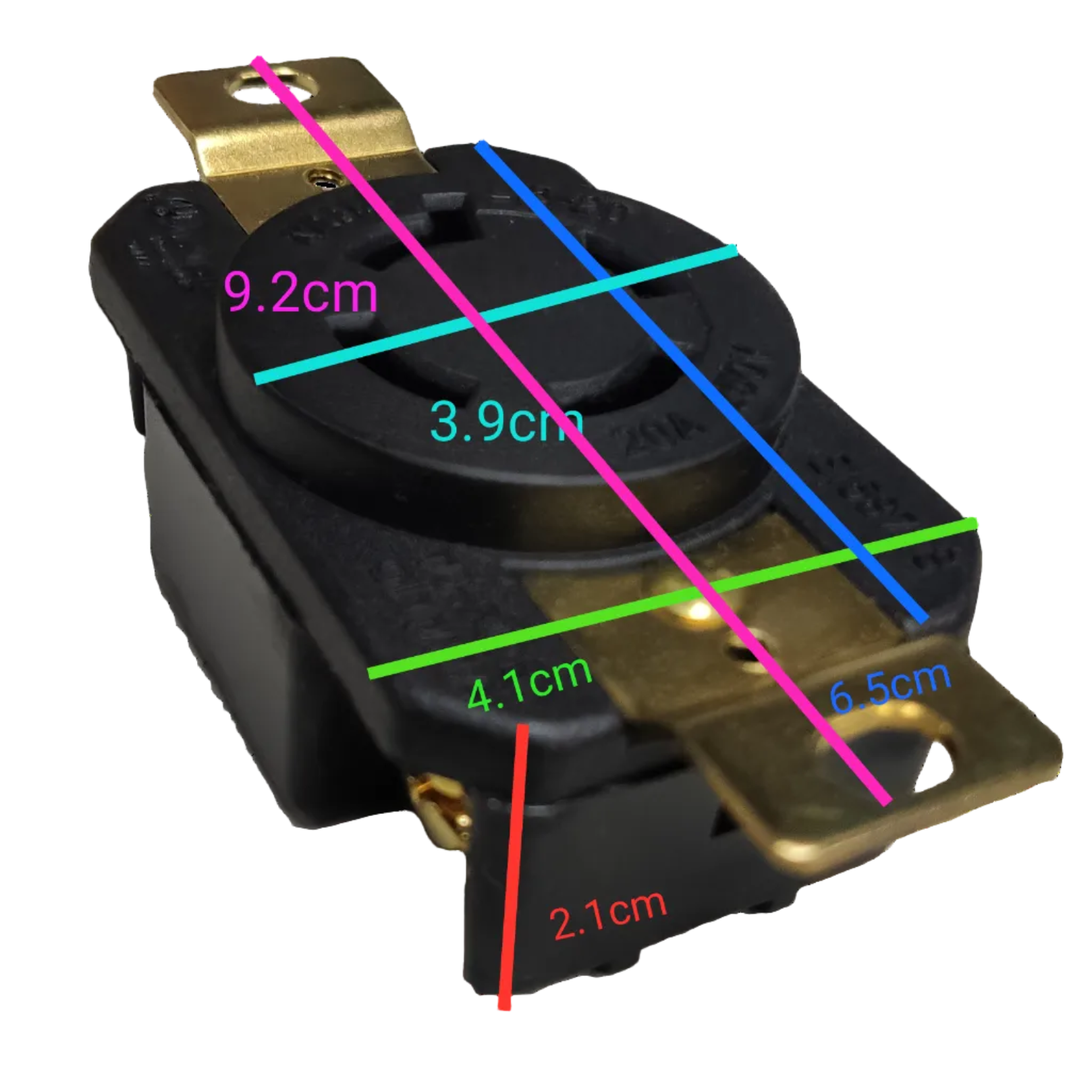Electrical socket with measurement markings on a white background Grippes 20A Twist Lock Outlet with Plate and Plug Type 3P+E (4P) 250V (NEMA L15) WJ6421B and 9221 and BL1520P Electx Electrical Supply 
