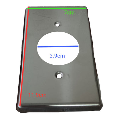 Metallic plate with measurements marked on a white background Grippes 20A Twist Lock Outlet with Plug 3 Pole 2P+E (3P) 250V (NEMA L6) WJ6322B and BL620P with Stainless Plate Cover 9221 Electx Electrical Supply 