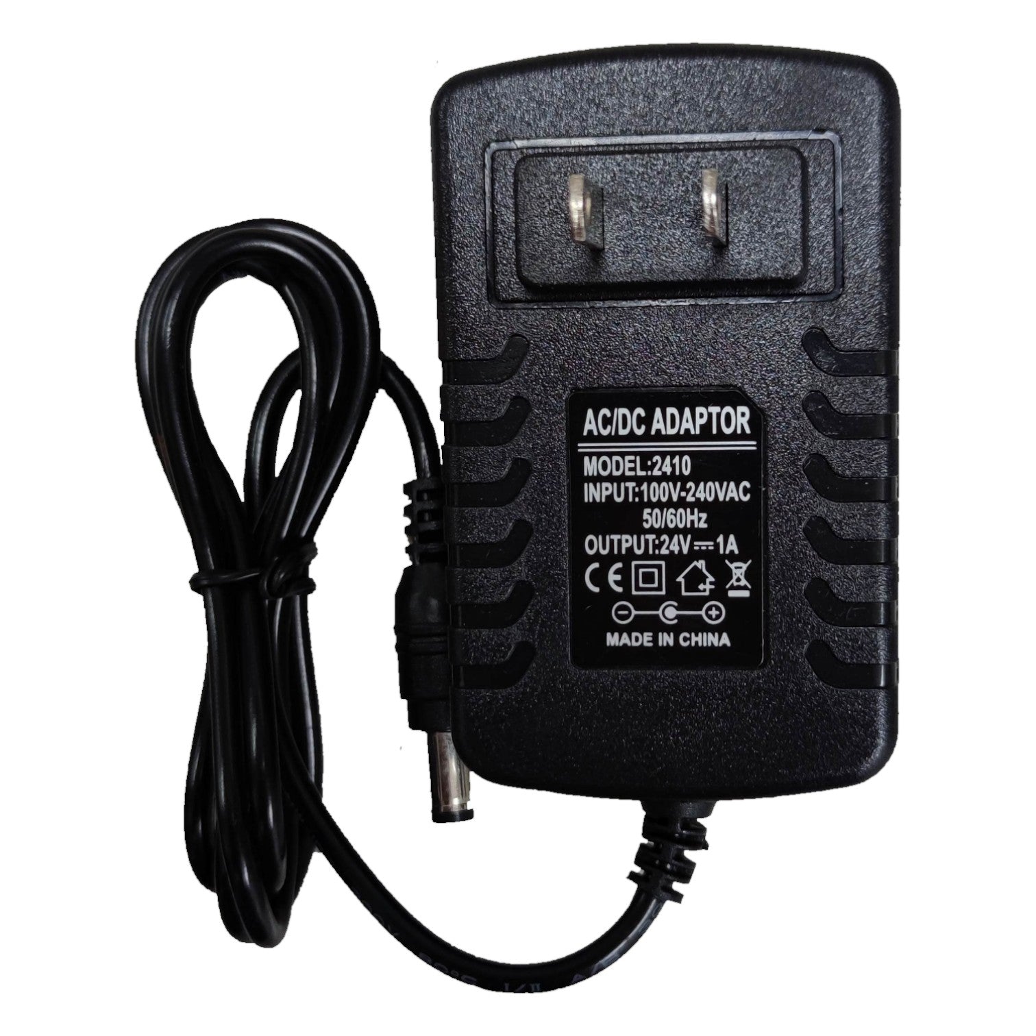 Black AC/DC adapter with power cord on a white background