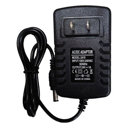 Black AC/DC adapter with power cord on a white background