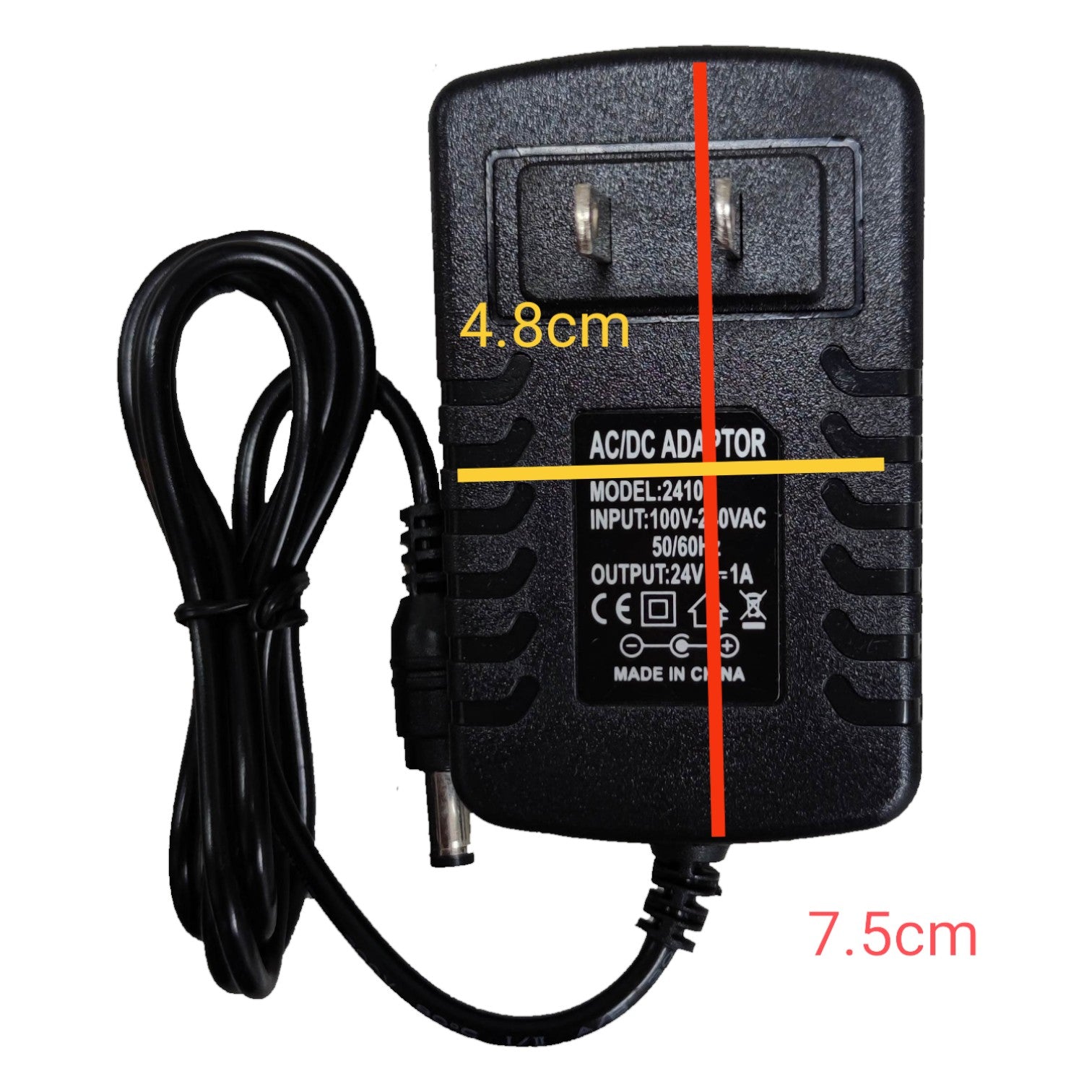 Black AC/DC adapter with cable measurement labels on a white background
