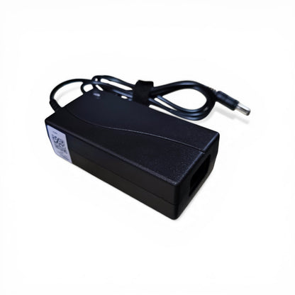 Black power adapter with a cable on a white background