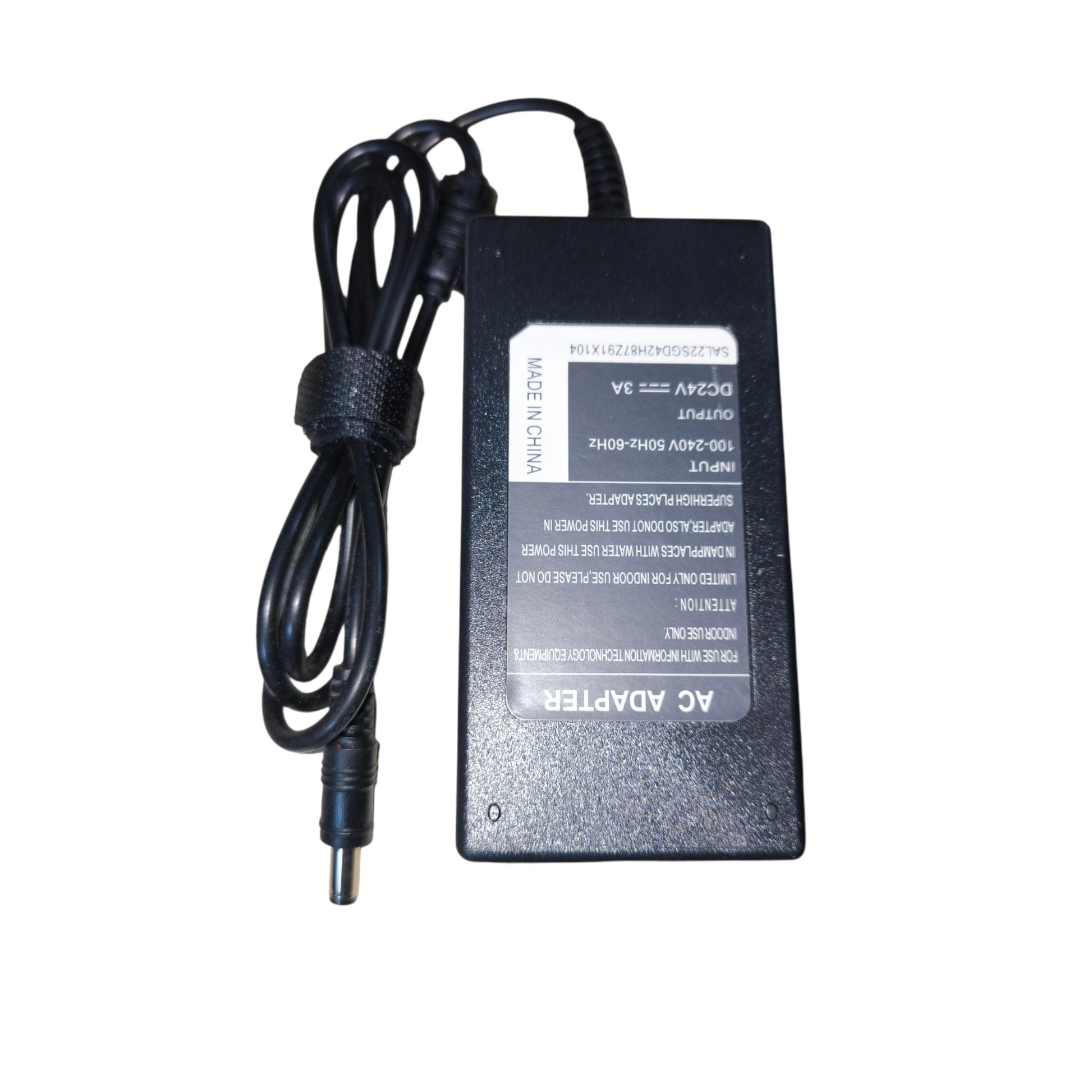 Black AC adapter with power cord on a white background