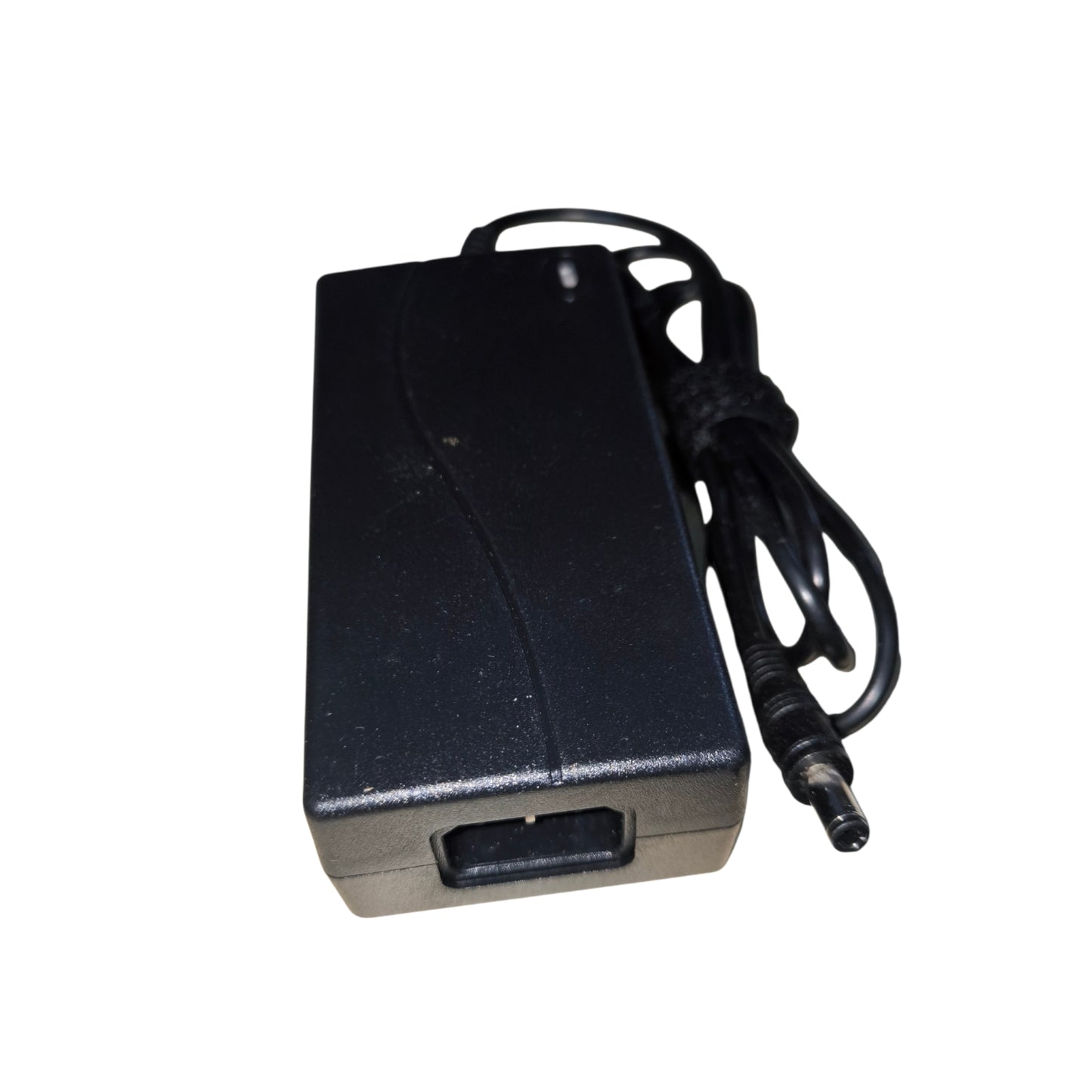 Black power adapter with a cable on a white background