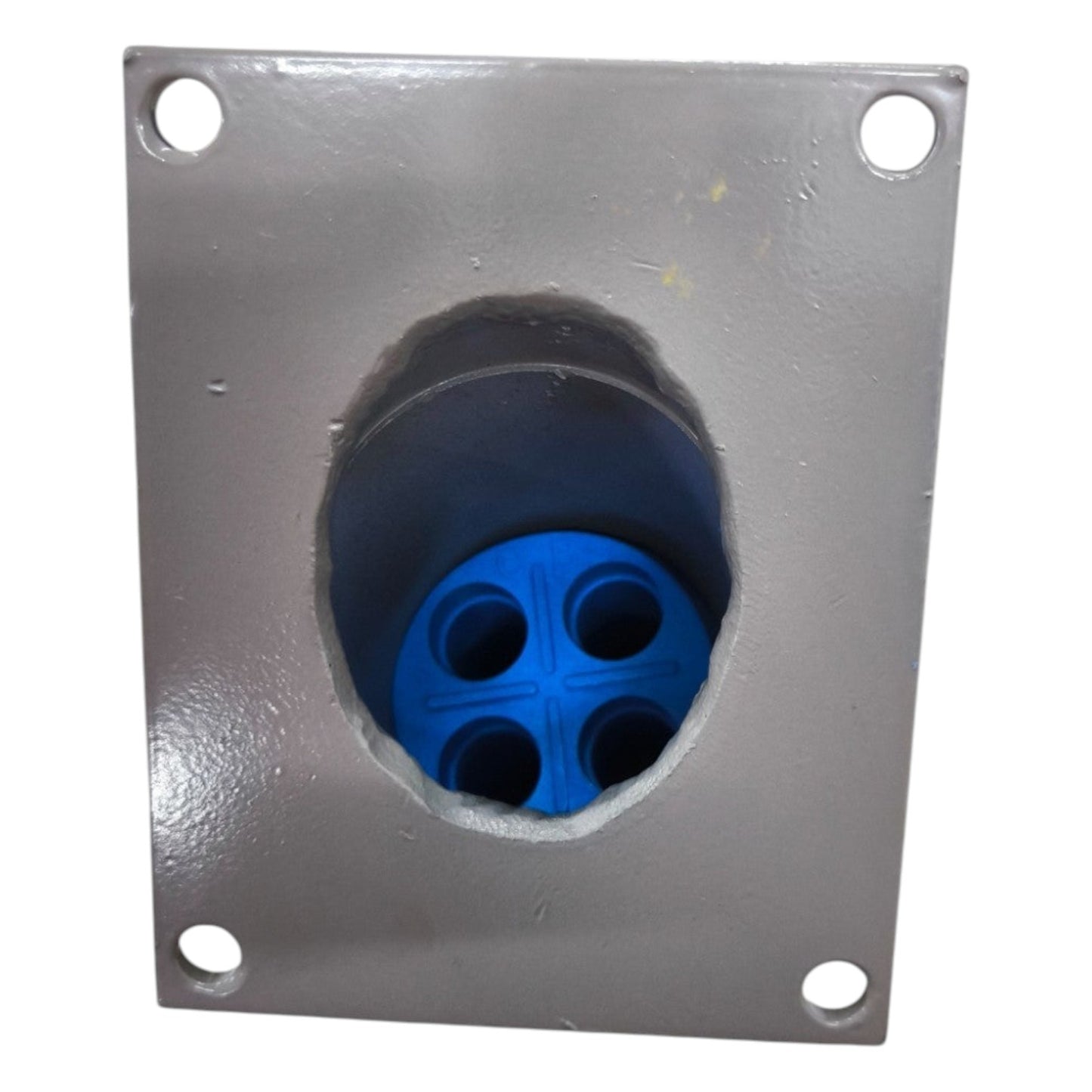 Metal electrical outlet with a blue connector on a white background
