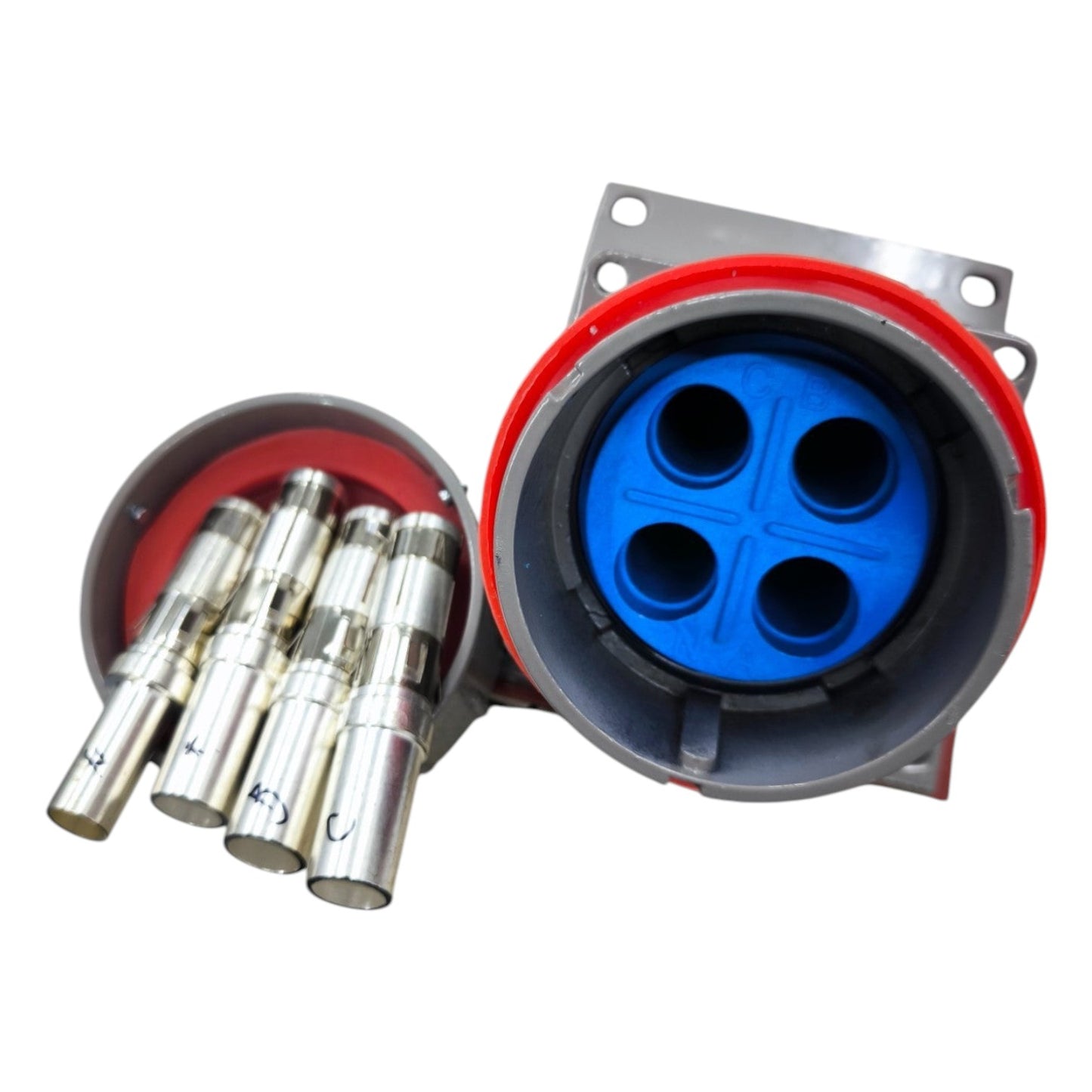 Electrical connector with red housing and blue interior on a white background