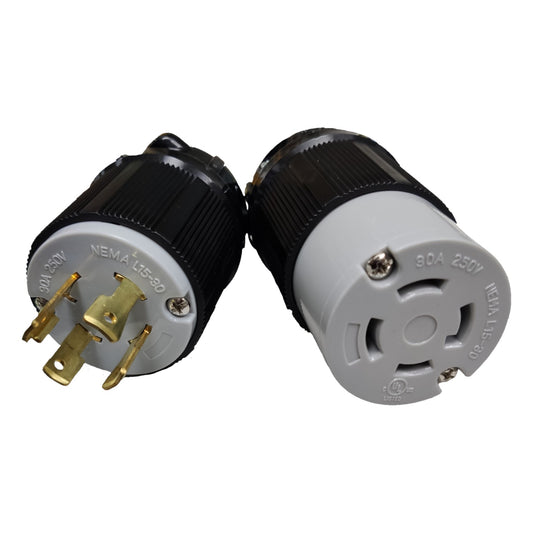 Two electrical plugs, one black and gold, the other gray, on a white background. Grippes 30A Twist Lock Outlet and Plug Cord Connector Type 3P+E (4P) 250V (NEMA L15) BL1530C and BL1530P, Twistlock