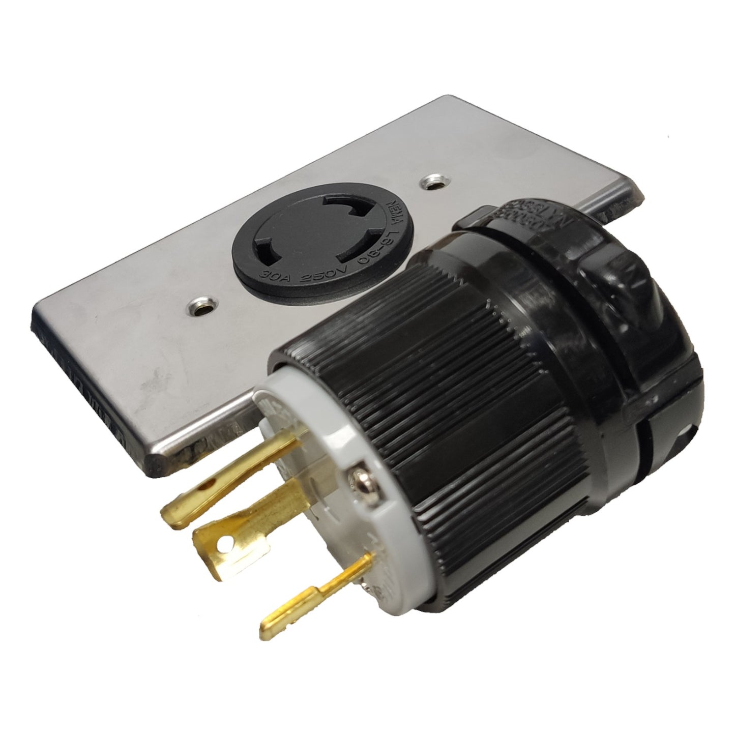 Electrical plug with black and gold connectors on a white background Grippes 30A Twist Lock Outlet with Plug and Stainless Plate 2P+E (3P) 250V (NEMA L6) WJ6331B and BL-630P and 9221 Electx Electrical Supply