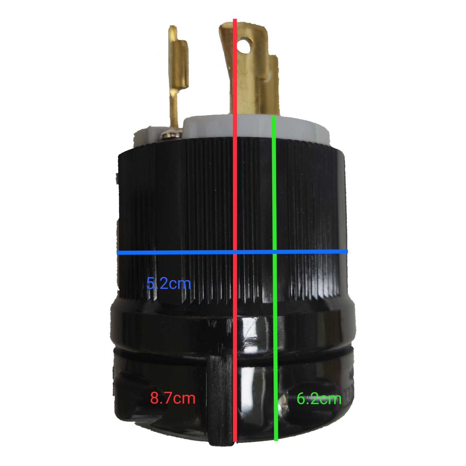 Black electrical plug with measurements on a white background Grippes 30A Twist Lock Outlet with Plug and Stainless Plate 2P+E (3P) 250V (NEMA L6) WJ6331B and BL-630P and 9221 Electx Electrical Supply