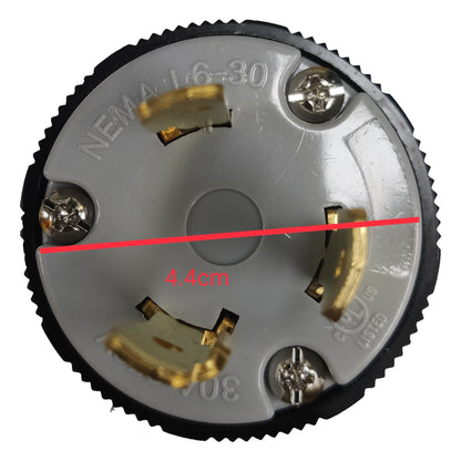 Electrical plug with measurement label on a white background Grippes 30A Twist Lock Outlet with Plug and Stainless Plate 2P+E (3P) 250V (NEMA L6) WJ6331B and BL-630P and 9221 Electx Electrical Supply