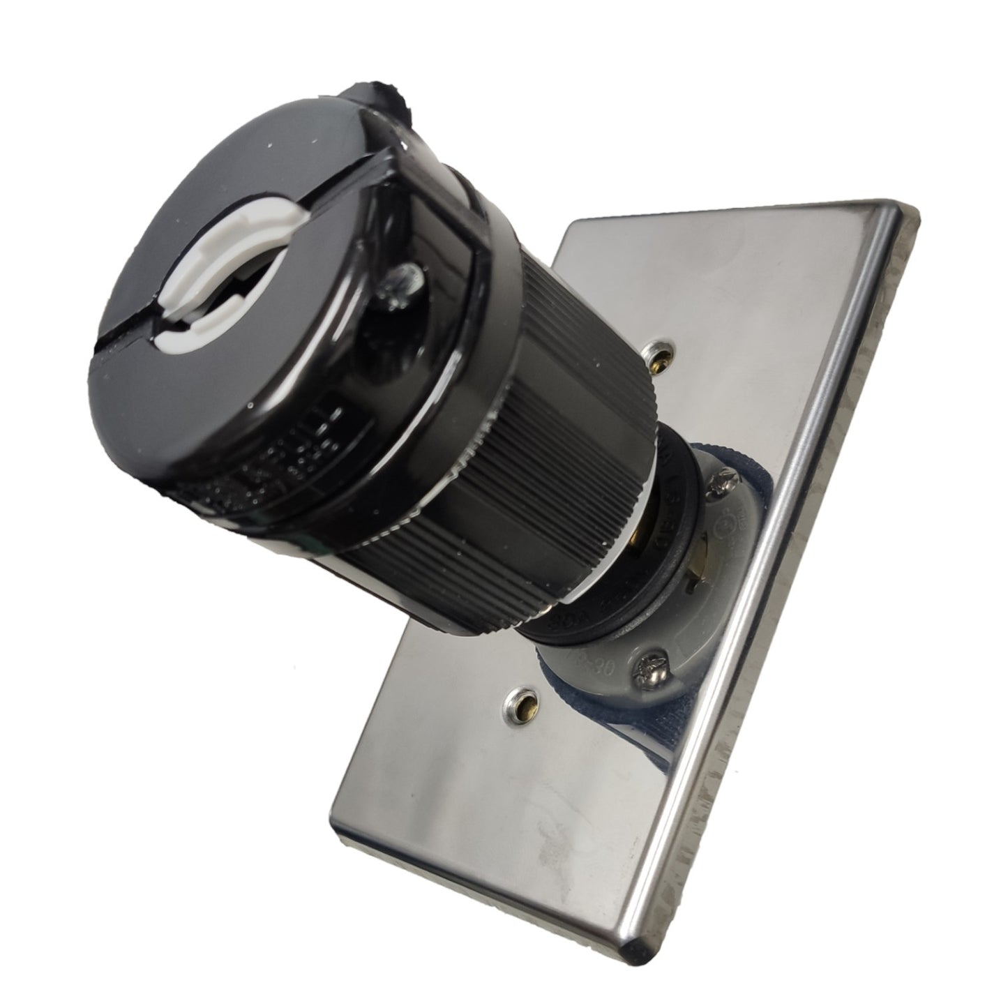 Metallic lock mechanism on a white background Grippes 30A Twist Lock Outlet with Plug and Stainless Plate 2P+E (3P) 250V (NEMA L6) WJ6331B and BL-630P and 9221 Electx Electrical Supply
